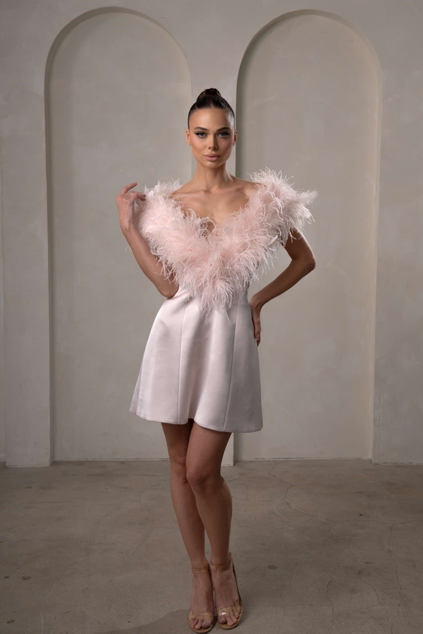 The Jeanie short cocktail dress with feather detail