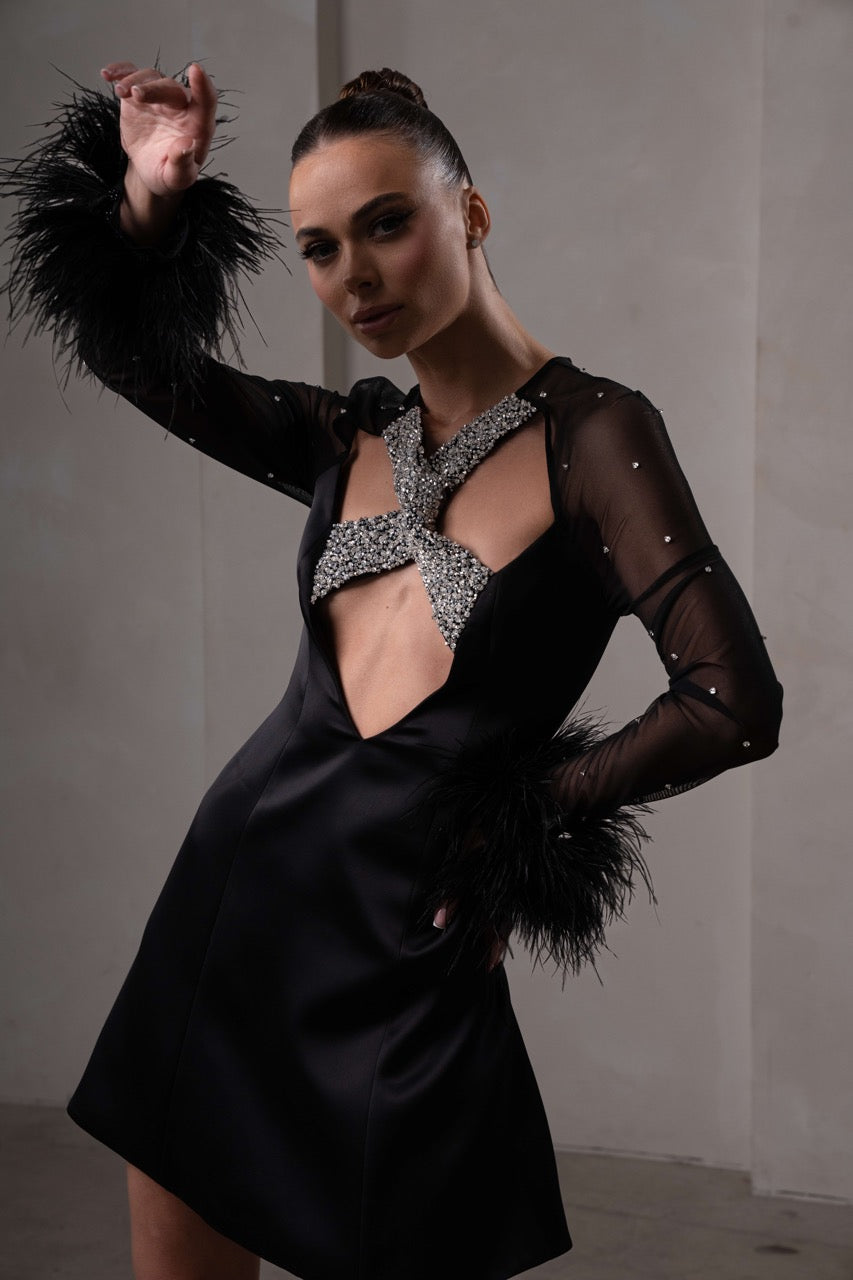 The black Tiffany dress with beading and feather details